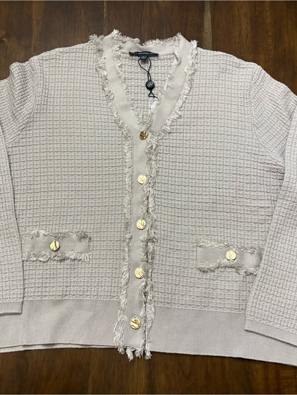 Adrianna Papell Cream-Frayed Knit 3/4 Cardigan with Gold Buttons